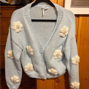 Dreamers Light Blue Cardigan with Cream/Light Olive Green Floral Accents